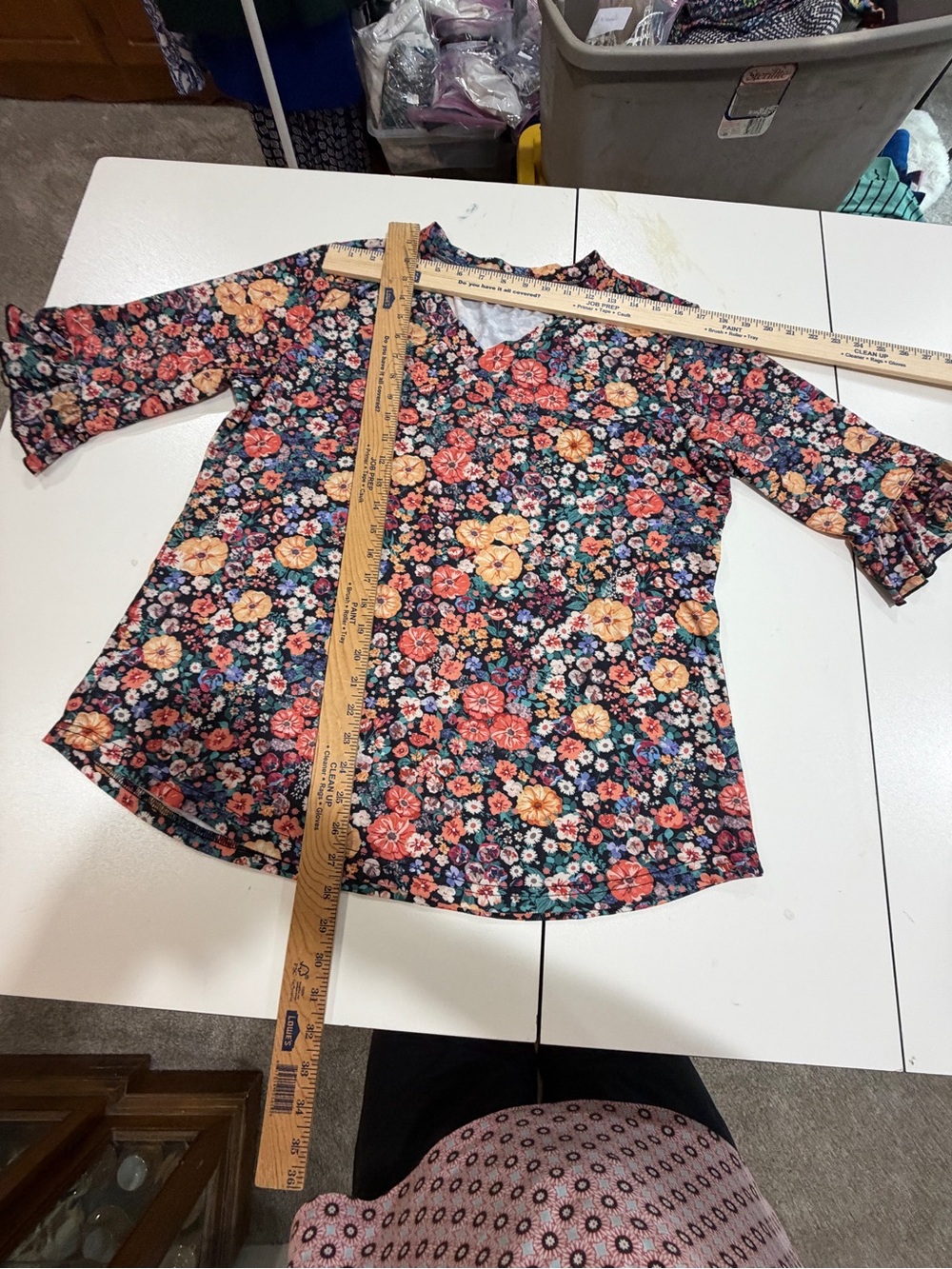 Floral Button-Back Blouse in Navy with Coral & Mustard Flowers